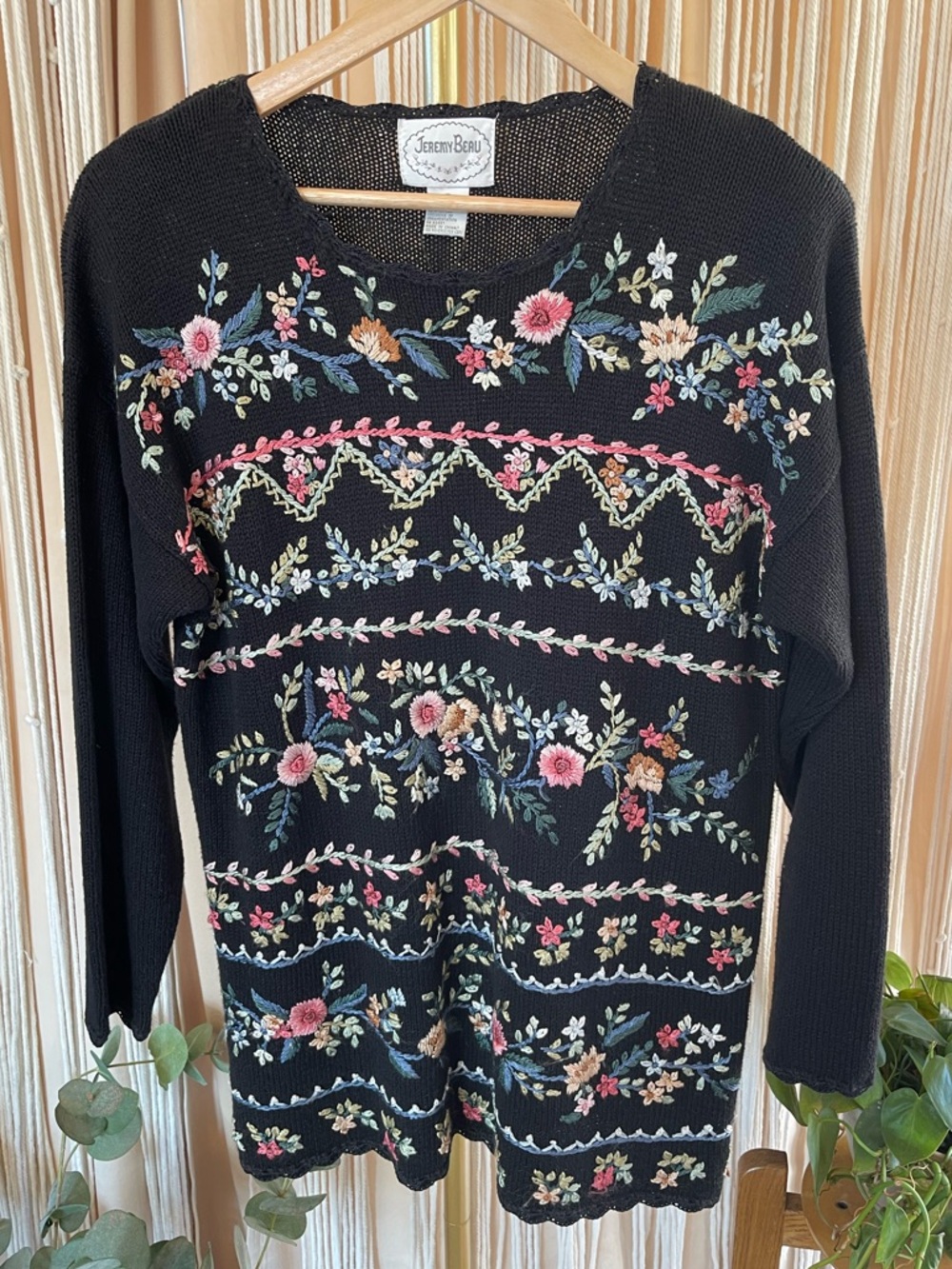 vintage black long-sleeve crewneck sweater pastel floral embroidery Jeremy Beau.